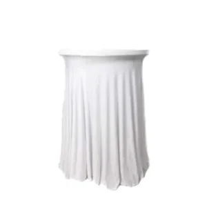 Biely elastický obrus skirting na koktailový stolík s priemerom 80 cm.